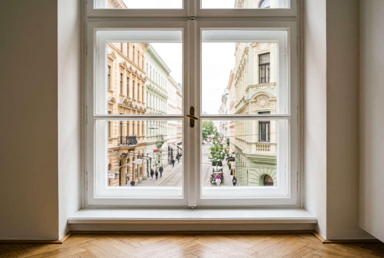 Klassisches weißes Kastenfenster mit Blick auf die Straße