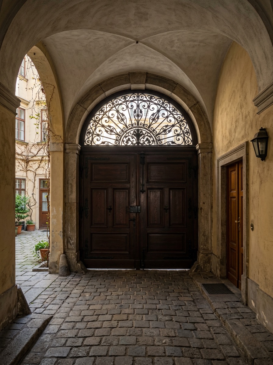 Historische Hofdurchfahrt in einem alten Stadtpalais mit einem massiven, dunklen Holztor