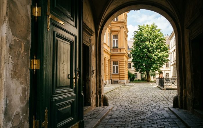 Historisches Portal mit Kassettenstruktur